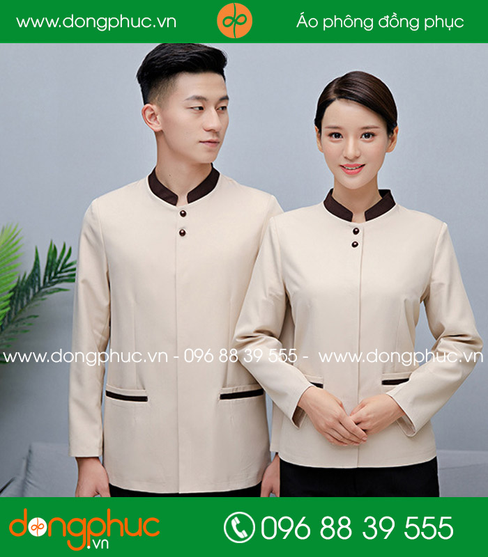 Đồng phục vệ sinh màu hồng nhạt cổ nâu